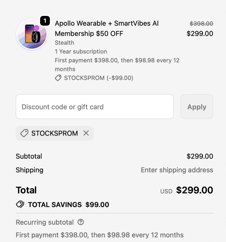 Apollo Neuro cart with Discount Code STOCKSPROM 2026 - $100 off applied