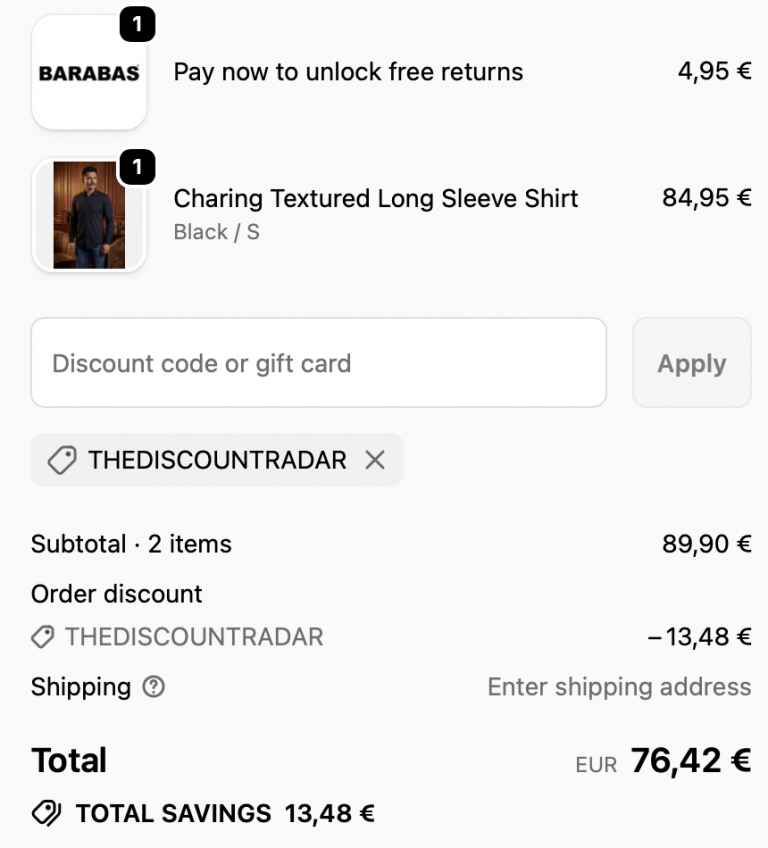 BARABAS checkout with Discount Code THEDISCOUNTRADAR 2026 - 20% off applied