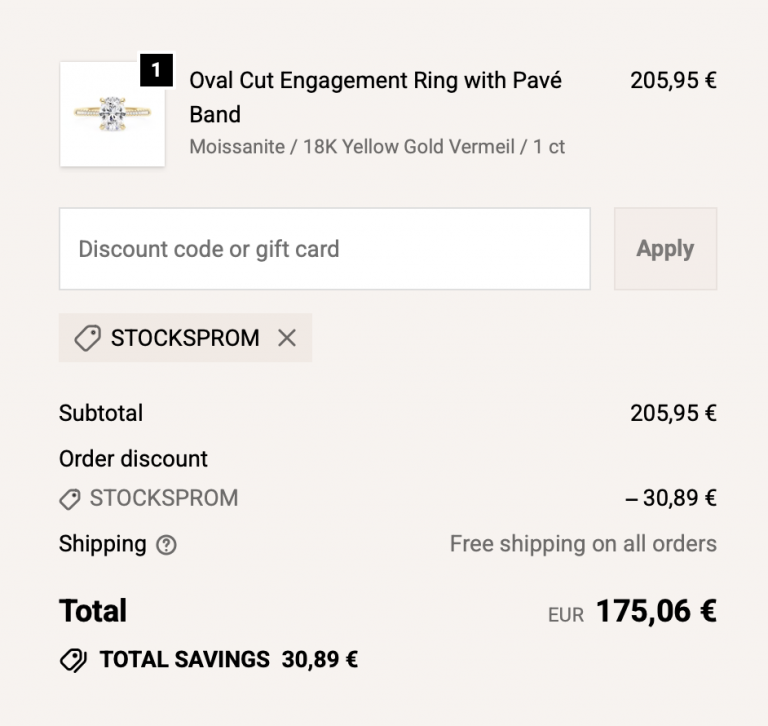 EPI Jewelry moissanite ring in shopping cart with discount code STOCKSPROM applied, displaying 20% off savings on ethical jewelry purchase.