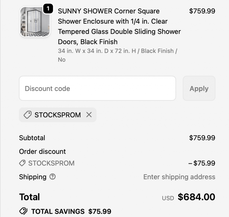 Sunny Shower sliding shower door in shopping cart with discount code STOCKSPROM applied, displaying 20% off savings on tempered glass enclosure purchase.