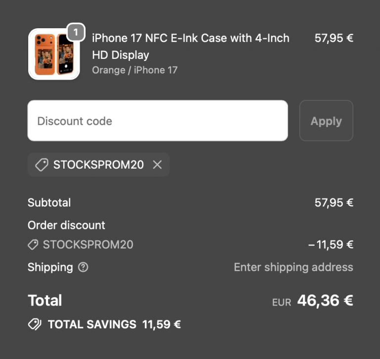 Cobak Case iPad magnetic stand case in shopping cart with discount code STOCKSPROM20 applied, displaying 20% off savings on premium device accessory purchase.