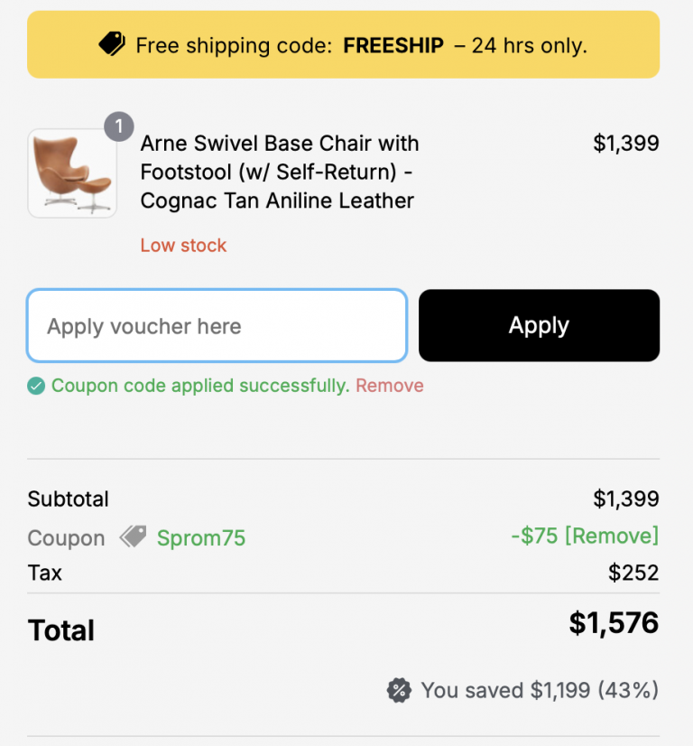 Sohnne Egg Chair replica in shopping cart with discount code SPROM75 applied, displaying $75 off savings on mid-century modern furniture purchase.