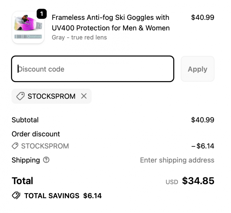 Qunature lightweight tent in shopping cart with discount code STOCKSPROM applied, displaying 15% off savings on outdoor camping gear purchase.