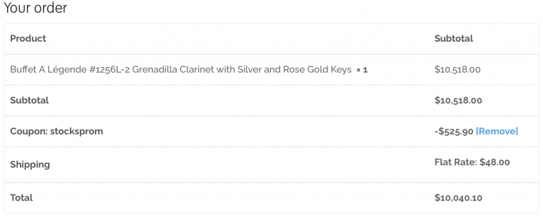 Lisa Clarinet Shop Buffet Crampon Bb clarinet in shopping cart with discount code STOCKSPROM applied, displaying 5% off savings on professional woodwind instrument purchase.