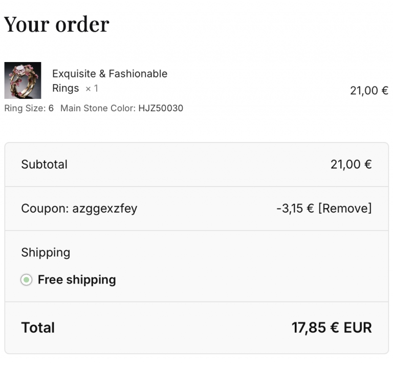 Sali Online Store sterling silver ring in shopping cart with discount code azggexzfey applied, displaying 15% off savings on trendy jewelry purchase.