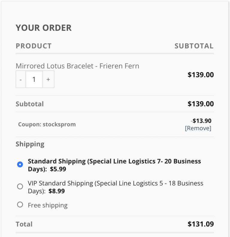 Mirror Lotus Ring pure silver lotus ring in shopping cart with discount code STOCKSPROM applied, displaying 10% off savings on anime-inspired jewelry purchase.