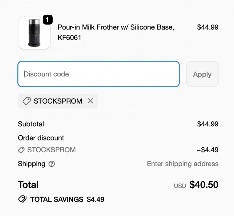 Kaffee Products stainless steel French press in shopping cart with discount code STOCKSPROM applied, displaying 20% off savings on coffee essential purchase.