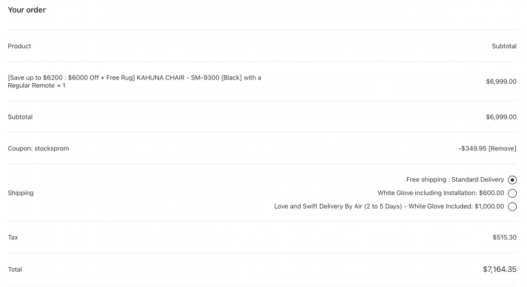 Kahuna Chair Dios Massage Chair in shopping cart with discount code stocksprom applied, displaying 5% off savings on premium relaxation chair purchase.