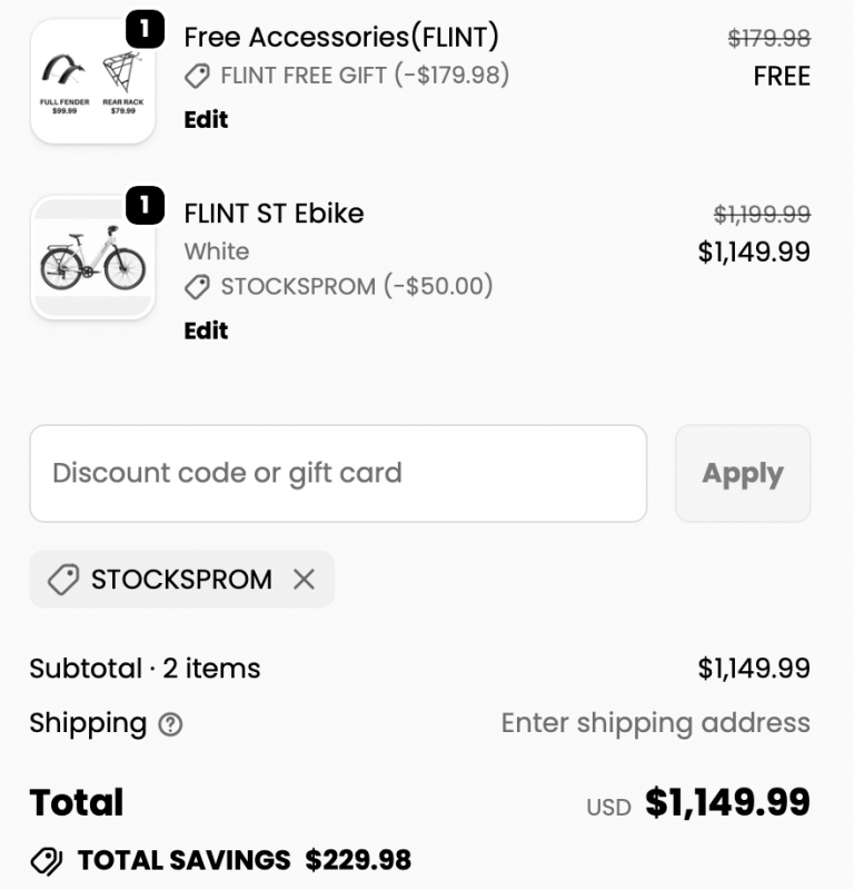 Mokwheel Basalt fat tire e-bike in shopping cart with discount code STOCKSPROM applied, displaying $50 off savings on all-terrain electric bike purchase.