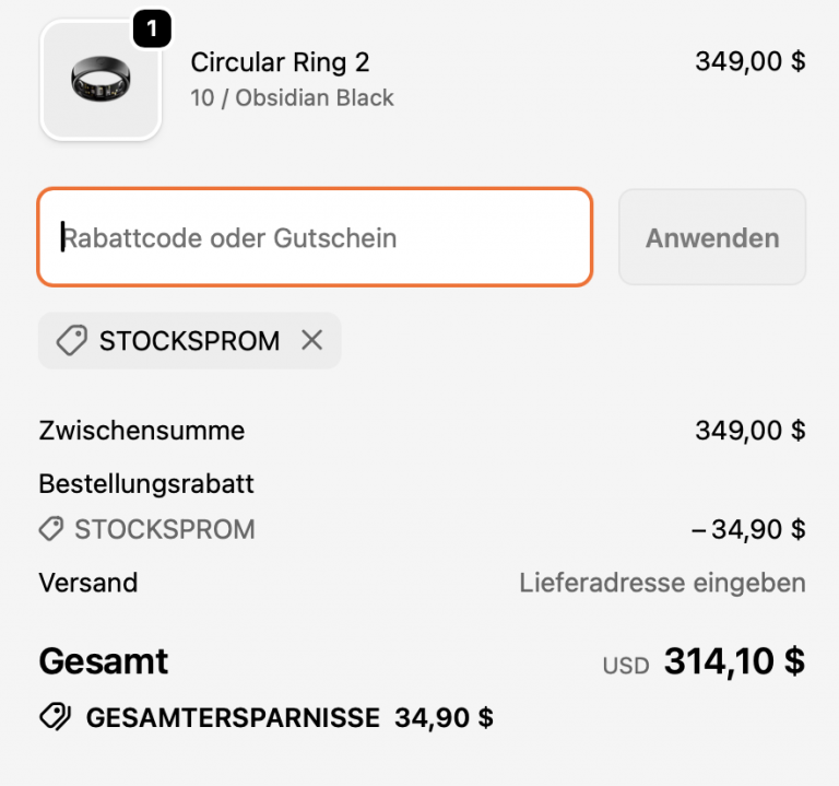 Circular Ring 2 smart ring in shopping cart with discount code STOCKSPROM applied, displaying 10% off savings on health tracking jewelry purchase.