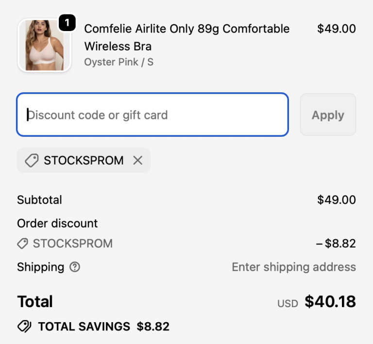 Comfelie Soft-V Wireless Bra in shopping cart with discount code STOCKSPROM applied, displaying 20% off savings on seamless comfort bra purchase.