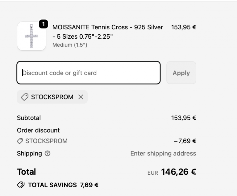 Harlem Bling moissanite iced out chain in shopping cart with discount code STOCKSPROM applied, displaying 20% off savings on hip hop jewelry purchase.